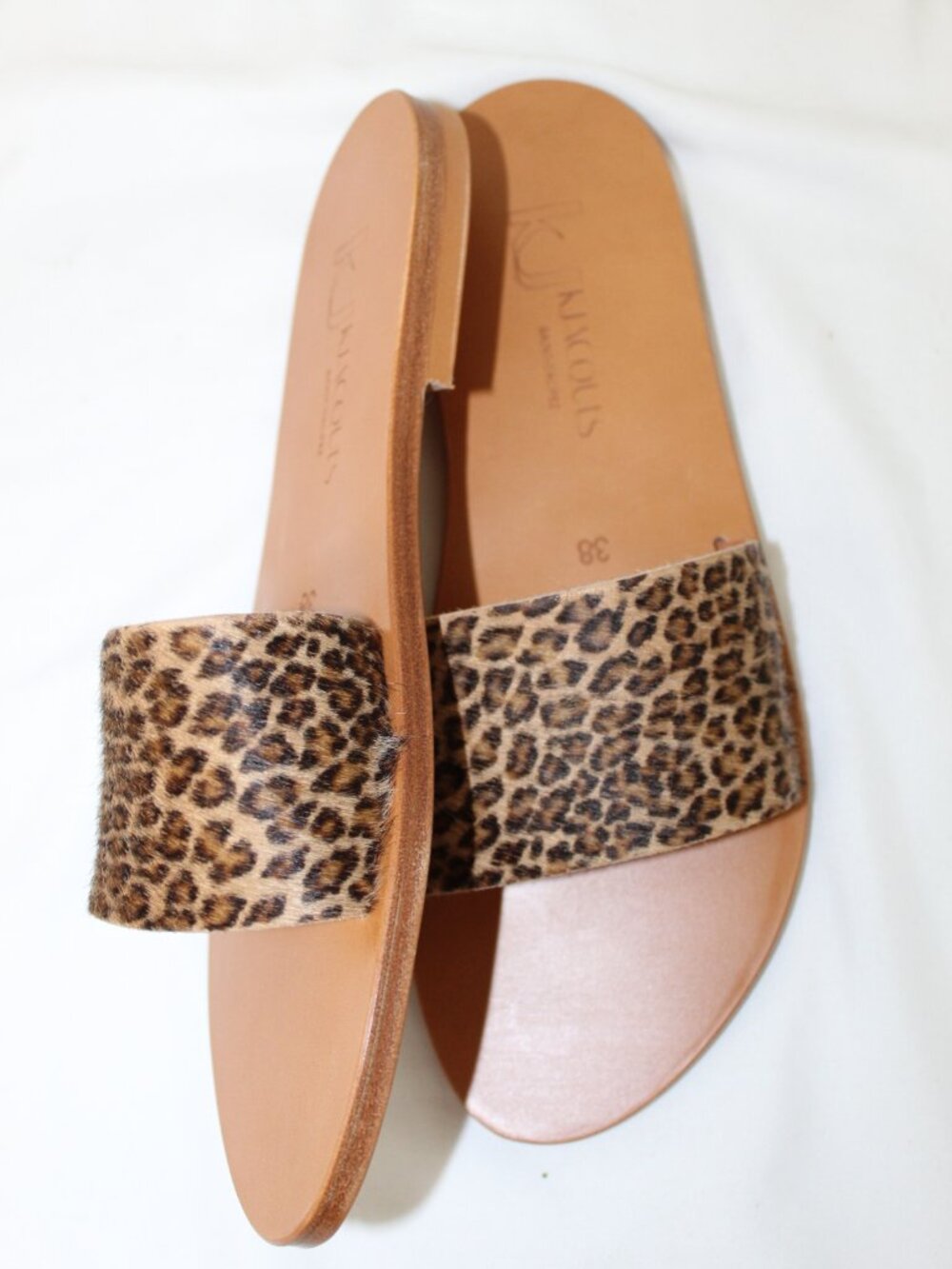 NWB KJ K.Jacques St. Tropez Leopard Pony Hair Leather Slides Flats Slip Ons 38